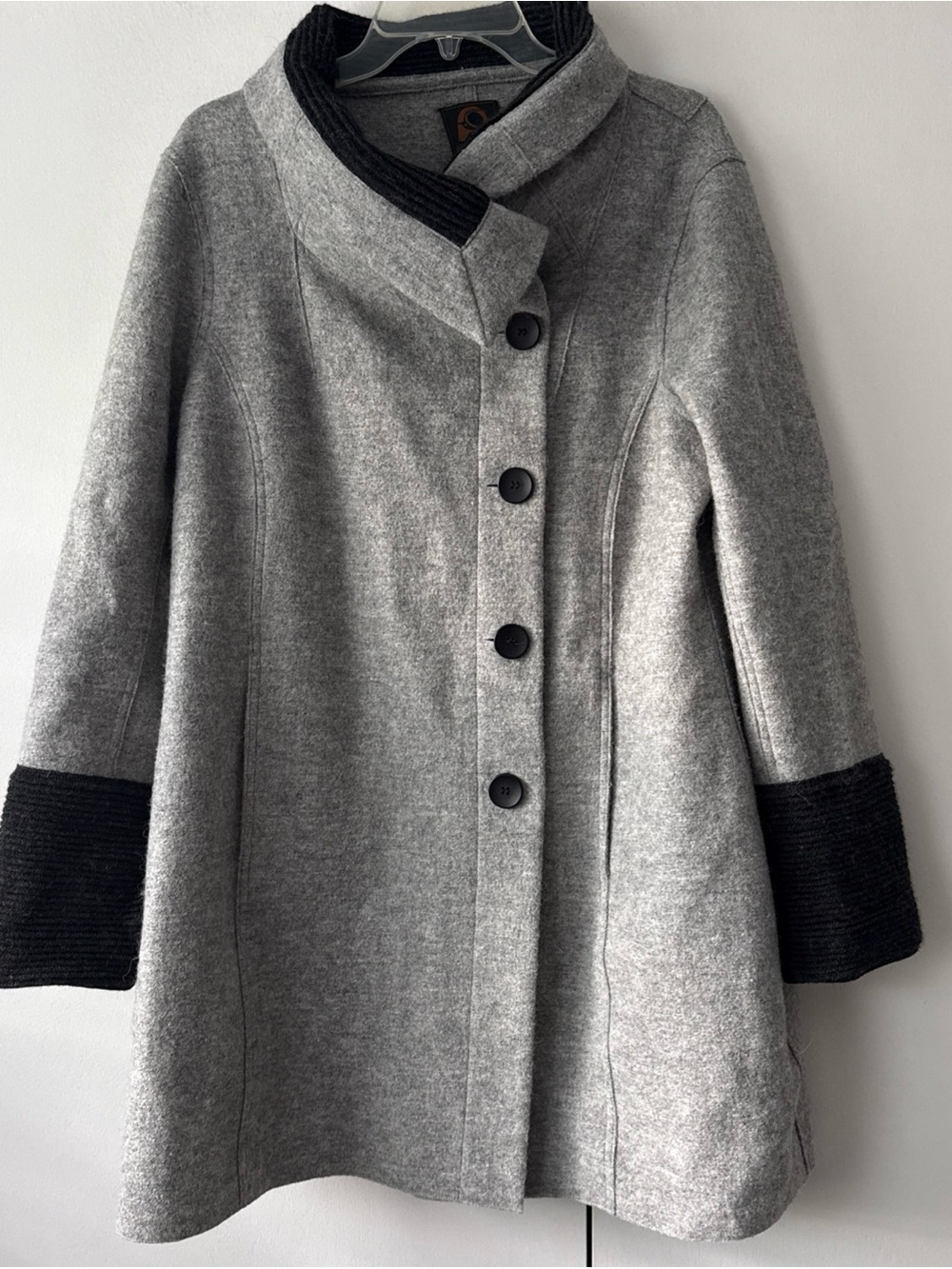 Overland Monica Peruvian Alpaca Wool Coat with Knit‎ Trim L Grey